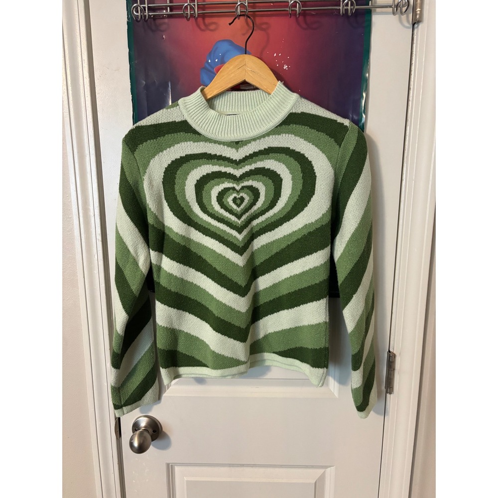 Cider Green Concentric Heart Knit Mock Neck Sweater Y2K Retro Size S